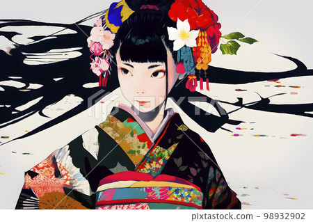 穿著有光澤的和服看起來很漂亮的女人插圖“AI 生成的圖像” 98932902