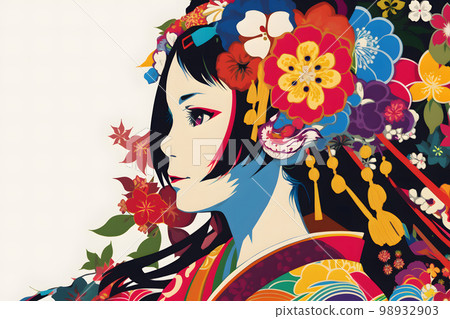 穿著有光澤的和服看起來很漂亮的女人插圖“AI 生成的圖像” 98932903