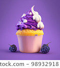 A cake with purple white cream on a purple background. Generative AI 98932918