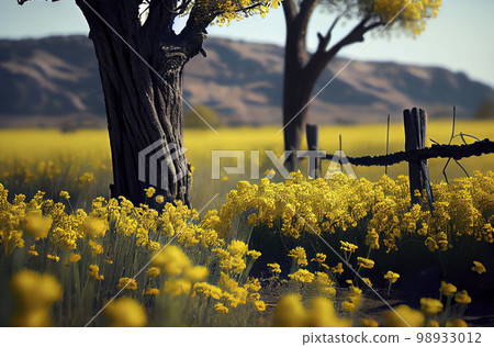 Field with yellow flowers. Generative AI. 98933012