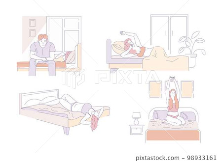 Waking up or awaking morning bedroom girls and guy Waking up or awaking morning bedroom girls and guy 98933161