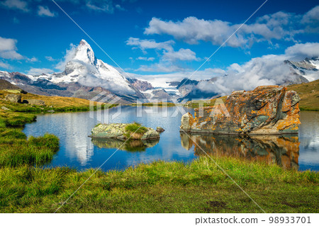 Amazing place and Matterhorn view from the Stellisee lake, Switzerland 98933701