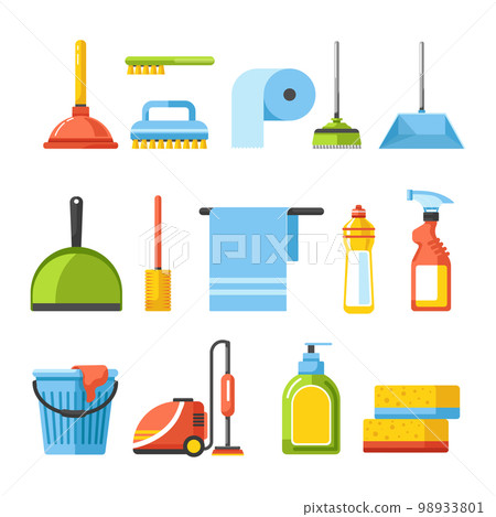 Cleaning tools isolated icons brushes and detergents vacuum cleaner Cleaning tools isolated icons brushes and detergents vacuum cleaner 98933801