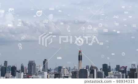 Business data analytic interface fly over smart city showing alteration future Business data analytic interface fly over smart city showing alteration future 98934315