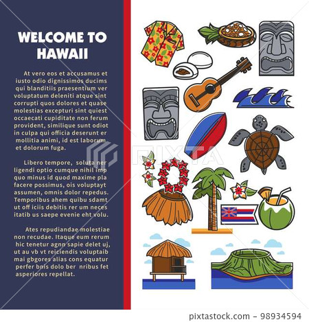 Hawaiian symbols welcome to Hawaii traveling or tourism and culture Hawaiian symbols welcome to Hawaii traveling or tourism and culture 98934594