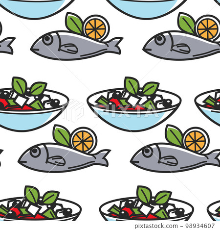 Fish and Greek salad seamless pattern Greece national cuisine 98934607