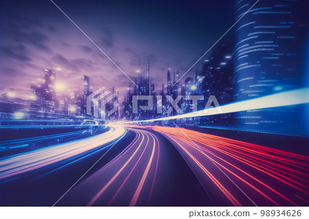 Smart digital city with high speed light trail of cars of digital data transfer 98934626