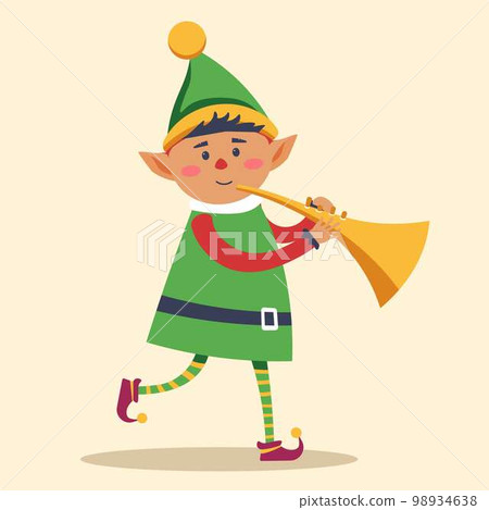 Elf Christmas character Santa helper with trumpet musical instrument Elf Christmas character Santa helper with trumpet musical instrument 98934638