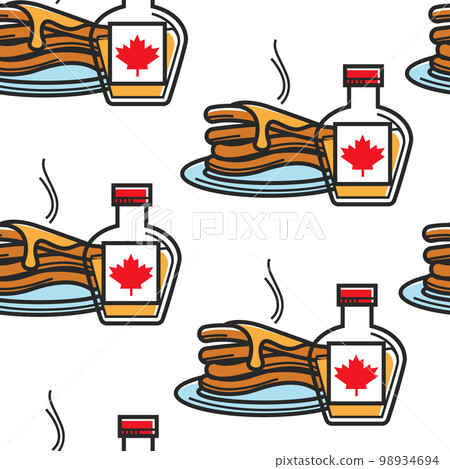 Pancakes and maple syrup bottle seamless pattern Canadian breakfast Pancakes and maple syrup bottle seamless pattern Canadian breakfast 98934694