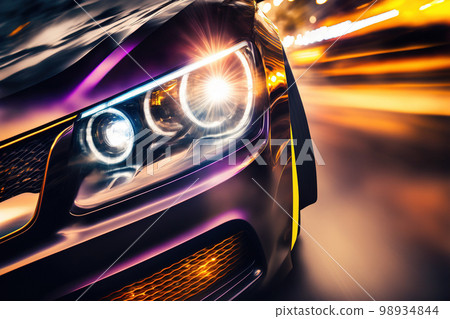 Close up car headlight running on city road 98934844