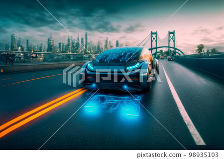 Fast electric car with futuristic autonomous sensor software driving on road 98935103