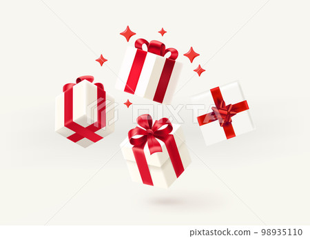 White gift boxes with red ribbons and bow. Present concept. 3d vector illustration White gift boxes with red ribbons and bow. Present concept. 3d vector illustration 98935110