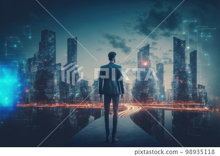 Businessman walking on virtual reality platform to futuristic smart city Businessman walking on virtual reality platform to futuristic smart city 98935118