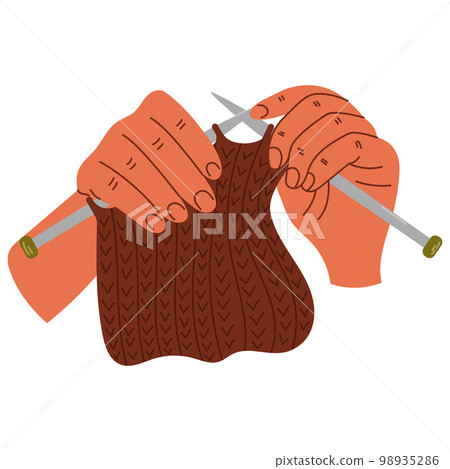 Woman hands are knitting with knitting needles. Knitting process. Wool yarns, hook, knitting needles. Hobby time, handmade things Woman hands are knitting with knitting needles. Knitting process. Wool yarns, hook, knitting needles. Hobby time, handmade things 98935286