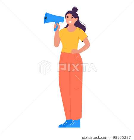 Woman with loudspeaker. Flat vector illustration isolated on white background Woman with loudspeaker. Flat vector illustration isolated on white background 98935287