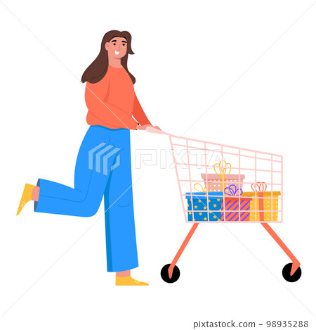 Young woman with shopping cart. Customer buying gifts. Shopping and purchase concept. Flat vector illustration 98935288