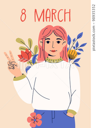 8 march, International Women's Day. Greeting card or postcard templates with young woman for card, poster, flyer. Girl power, feminism, sisterhood concept. 8 march, International Women's Day. Greeting card or postcard templates with young woman for card, poster, flyer. Girl power, feminism, sisterhood concept. 98935352