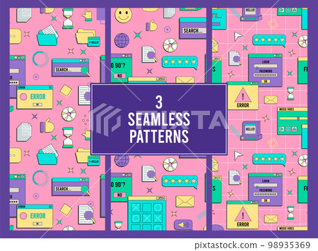 Set of vaporwave UI and UX elements seamless pattern. PC retro game frame. Nostalgic style 70s, 80s, 90s. 98935369