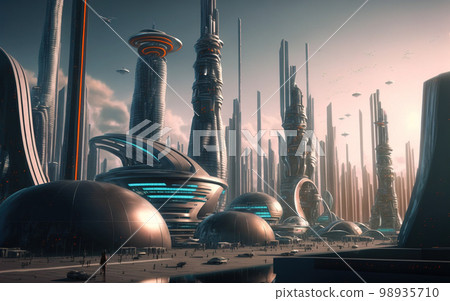 Skyline of futuristic city with fictional architecture in panoramic view Skyline of futuristic city with fictional architecture in panoramic view 98935710