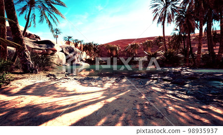Oasis lake in desert surrounded high yellow sand dunes Oasis lake in desert surrounded high yellow sand dunes 98935937