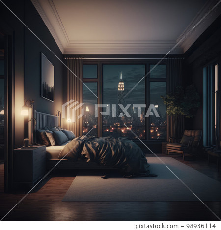 Interior of luxury penthouse bedroom at night 98936114