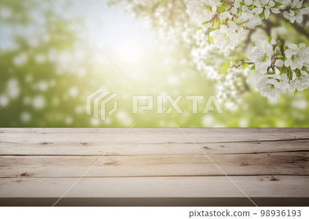 Empty table for product display with flower spring blur background 98936193
