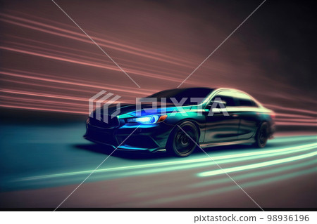 Sports car driving at fast speed on city road with motion blur effect 98936196