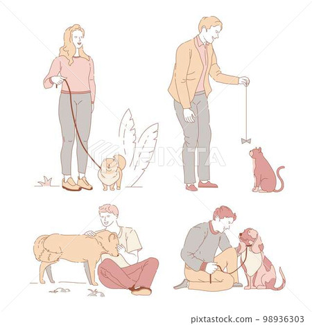 People with pets owners and dogs or cat walking on leash in park People with pets owners and dogs or cat walking on leash in park 98936303