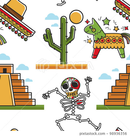 Mayan pyramid and skeleton sombrero and cactus tree pinata Mayan pyramid and skeleton sombrero and cactus tree pinata 98936356