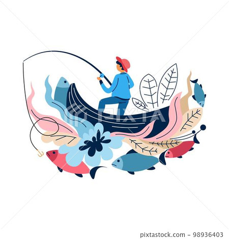 Fishing sport fisherman in boat with rod catching fish 98936403