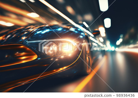 Close up car headlight running on city road 98936436