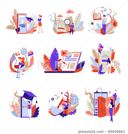 Online education isolated abstract icons web books and lessons 98936662