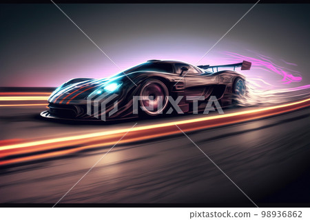 Speeding fast sports car drives on highway road with motion blur effects Speeding fast sports car drives on highway road with motion blur effects 98936862