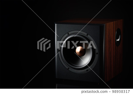Sound speaker on dark background with copy space. Set for listening music. Audio subwoofer 98938317