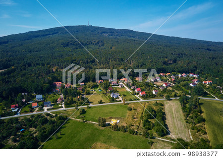 Mountain village and road with moving cars, aerial view. Beautiful mountain landscape with residential neighborhood and green fields. Countryside view 98938377