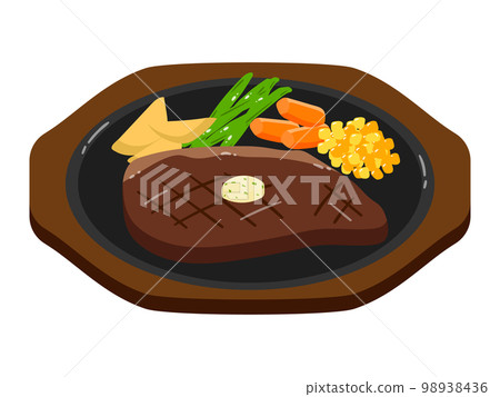 Vector illustration of steak. Side vegetables such as corn, kidney beans, and carrots. 98938436
