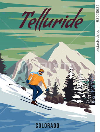 Travel poster Ski Telluride resort vintage. America winter landscape travel card 98938625