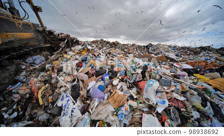 Work of a bulldozer at a landfill. Work of a bulldozer at a landfill. 98938692