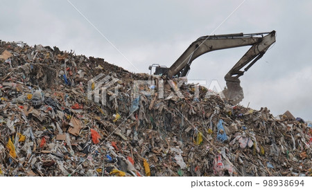 An excavator working at a landfill near the city. 98938694