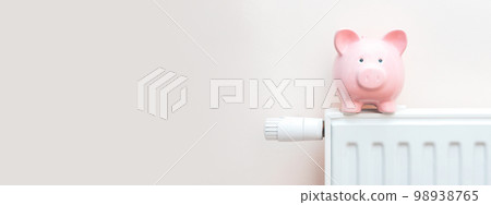 Piggy bank on radiator. Heating cost concept 98938765