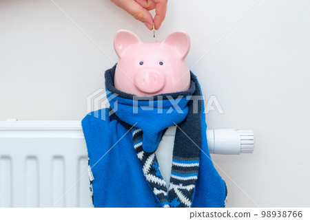 Piggy bank on radiator. Heating cost concept 98938766