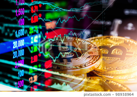 Modern way of exchange. Bitcoin is convenient payment in global economy market. Virtual digital currency and financial investment trade concept. Abstract cryptocurrency with gold bitcoin background.. 98938964