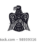 Black bird like falcon, hawk or eagle decorated with ornaments, runes and patterns vector illustration. Ancient history art in scandinavian, nordic, scythian or slavic animal style. 98939316