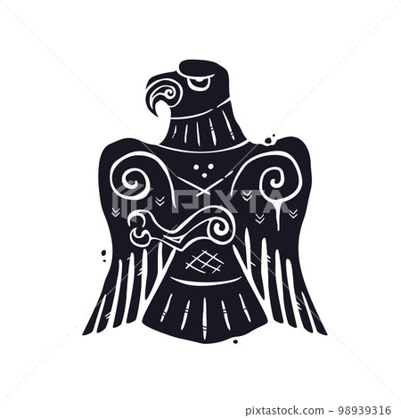 Black bird like falcon, hawk or eagle decorated with ornaments, runes and patterns vector illustration. Ancient history art in scandinavian, nordic, scythian or slavic animal style. 98939316