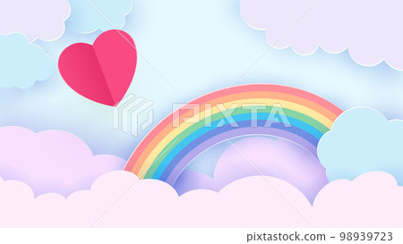 Valentine s day background with a heart flying through the clouds. Romantic paper art in origami style. Rainbow in the clouds. Vector 98939723