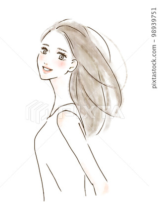 一個頭髮飄揚的女人的插圖用風吹乾她的頭髮 98939751