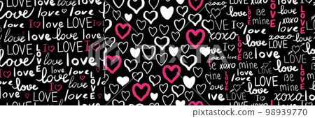 Text love, script cute doodle hand drawn seamless pattern on black background. 98939770