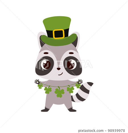 Cute raccoon in green leprechaun hat with clover. Irish holiday folklore theme. Cartoon design for cards, decor, shirt, invitation. Vector stock illustration Cute raccoon in green leprechaun hat with clover. Irish holiday folklore theme. Cartoon design for cards, decor, shirt, invitation. Vector stock illustration 98939978