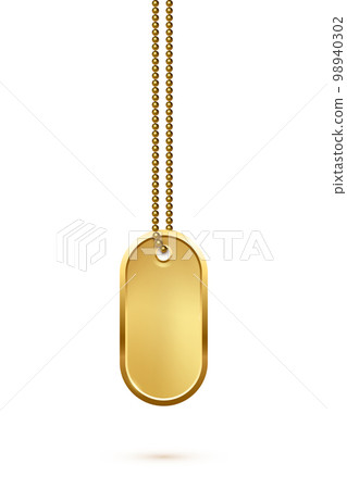 Empty oval gold military or dogs badge hanging on steel chain. Vector ellipse army object isolated on white background. Pendant with blank space for identification, blood type in case of injury. 98940302