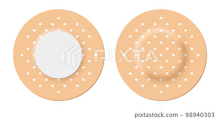 Adhesive bandage set of round shape, 3d realistic circle band aid, back and front view 98940303